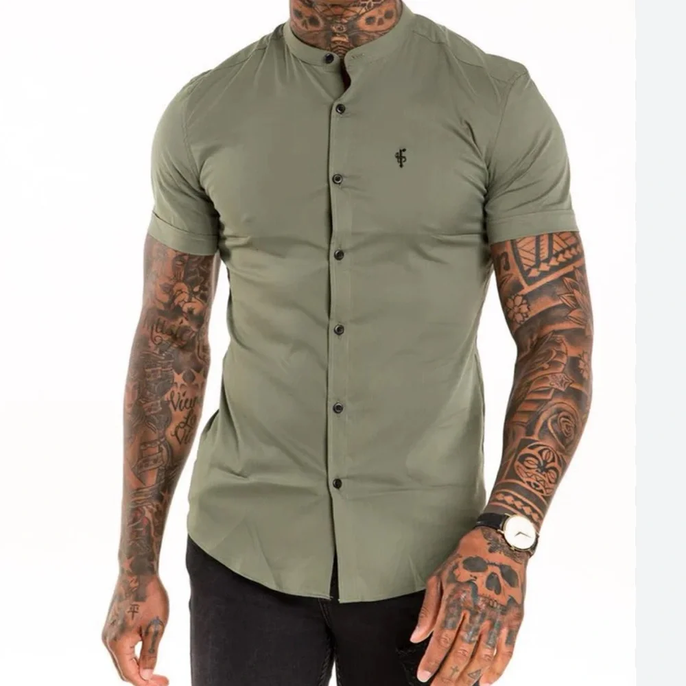 Father Sons Khaki Stretch Slim Fit Grandad Collar Button Down Shirt Size M - Picture 1 of 5